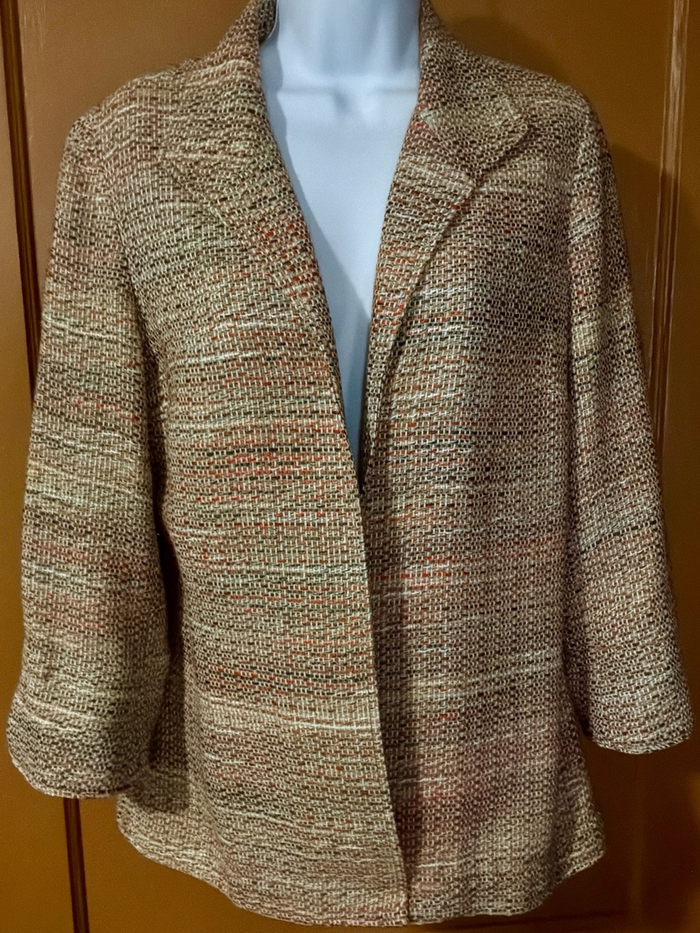 Coldwater Creek Open-Front Woven Jacket, Notched Cuffs, Rust/Brown, Tan